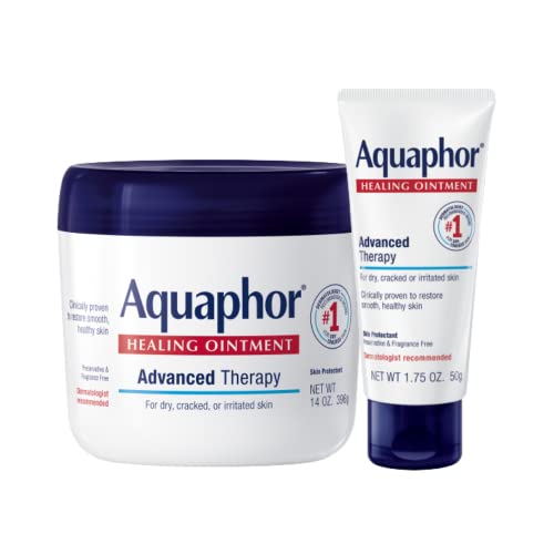 Aquaphor Healing Ointment Advanced Therapy Skin Protectant Skin Care Set, Body Moisturizer for Dry Skin, Minor Cuts and Burns, Dry Cuticles, Cracked Heels, Hands and Lips, 14 Oz Jar + 1.75 Oz Tube