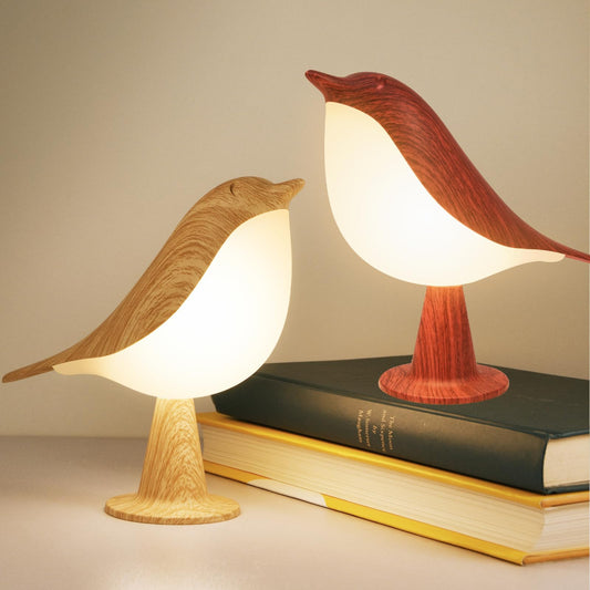 Deogos 2 Cute Bird Lamps Combo,Small Bedside Lamps with 3 Color Temperature and Adjustable Brightness,Cordless Lamp for Bedroom Nightstand Bedside Table (Wood Tone + Red)