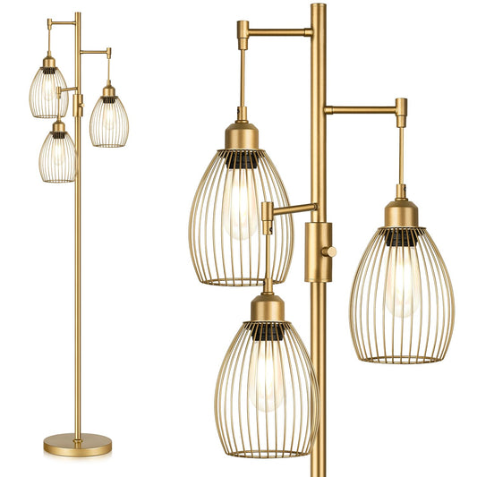 Dimmable Industrial Floor Lamps for Living Room, Gold Tree Standing Tall Lamps with 3 Elegant Teardrop Cage Head & 800 Lumens LED Bulbs for Bedroom Office